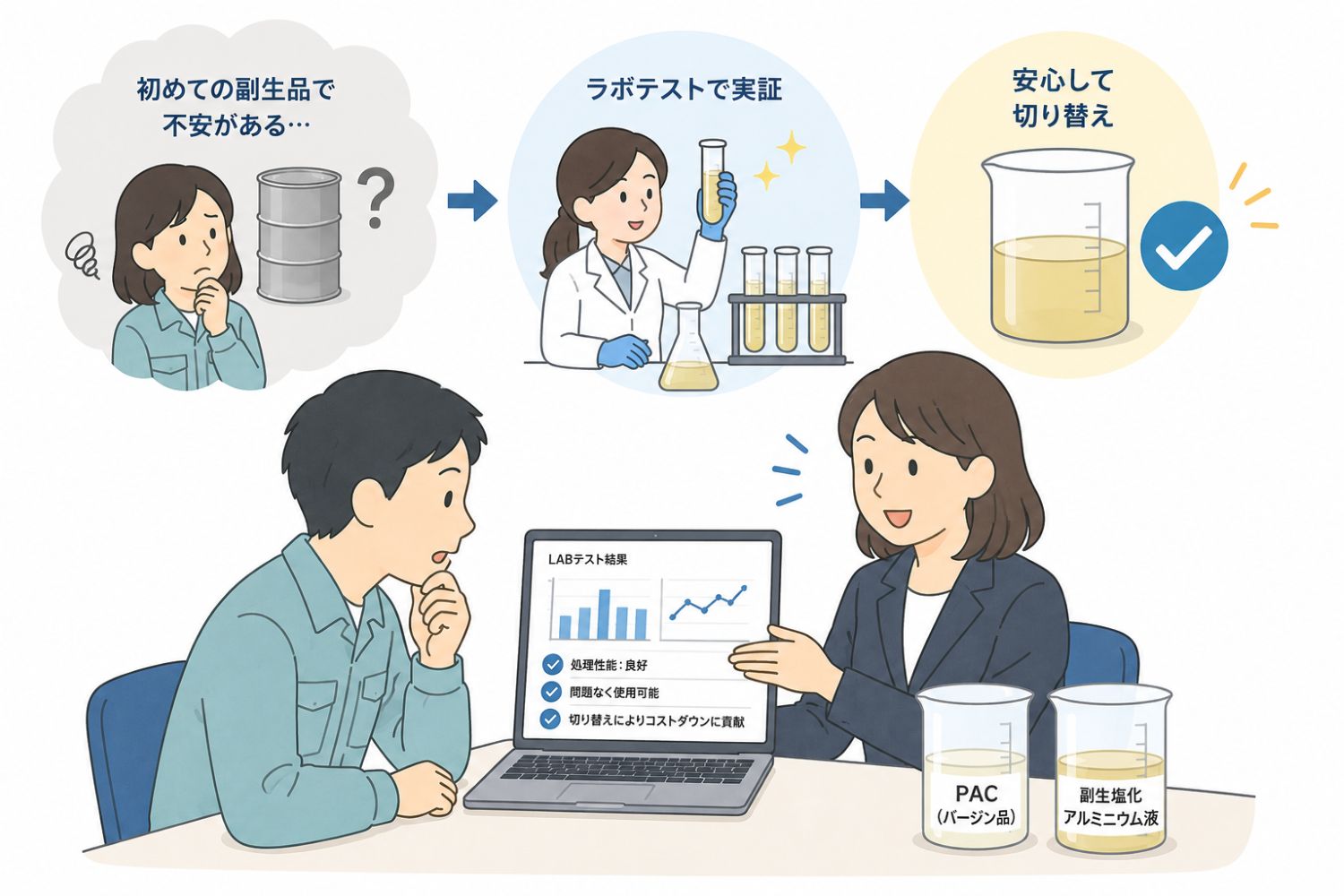 PAC（ポリ塩化アルミニウム）から副生塩化アルミニウム液への切り替えにより、排水処理コストを削減