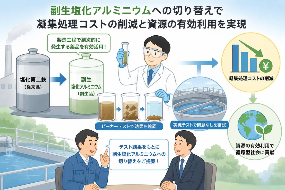 塩化第二鉄を副生塩化アルミニウムへ切り替え、凝集処理コストの削減と資源の有効利用を実現
