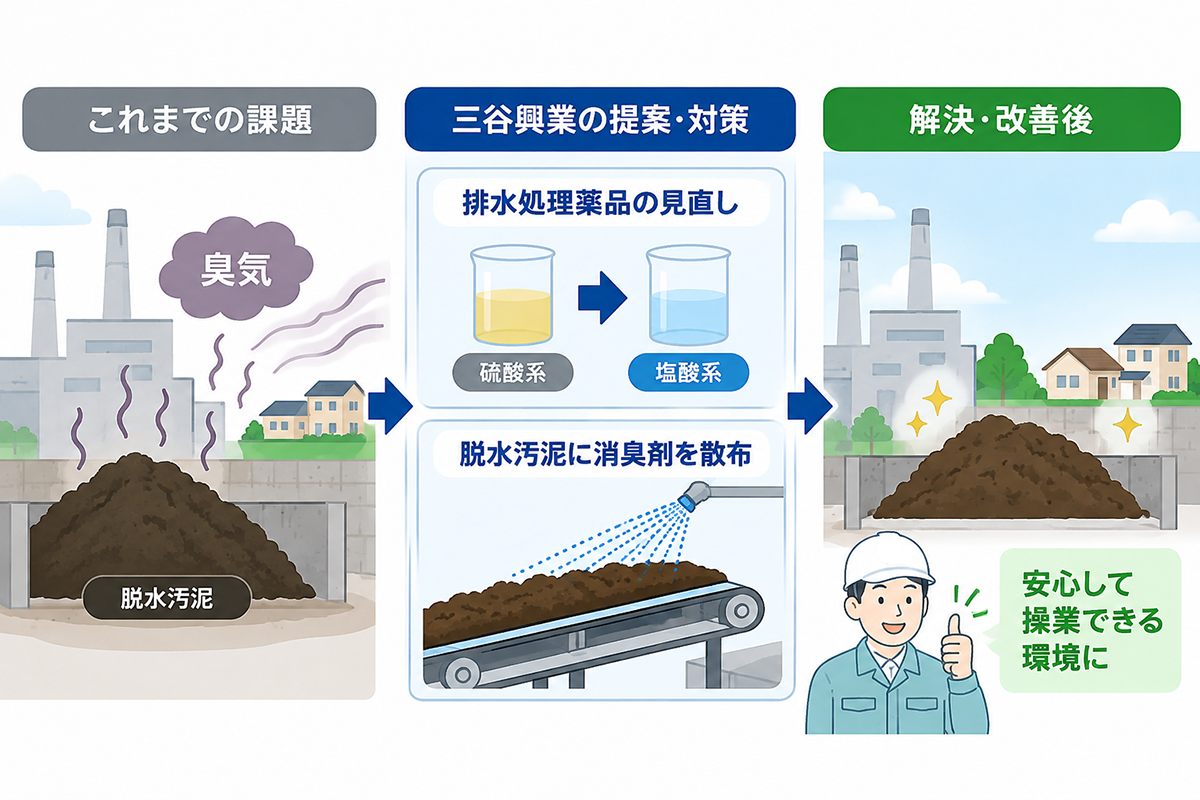 脱水汚泥の臭気対策。排水処理薬品の見直しと消臭剤散布により臭気を抑制
